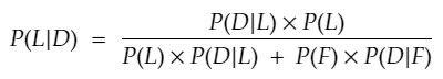 P(L|D) = (P(D|L) x P(L)) / (P(L) x P(D|L) + P(F) x P(D|F))